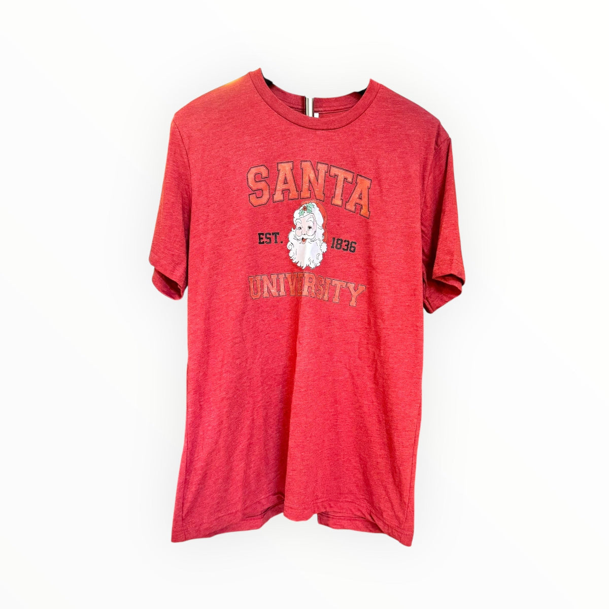 Red t-shirt with 'Santa University' print on a white background