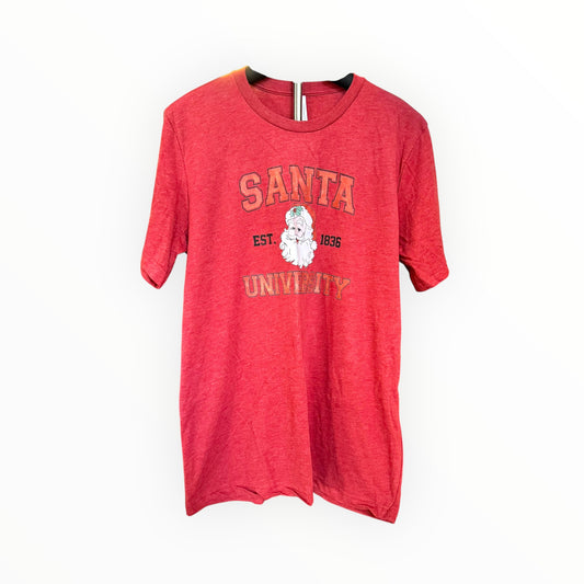 Red t-shirt with 'Santa University' print on a white background