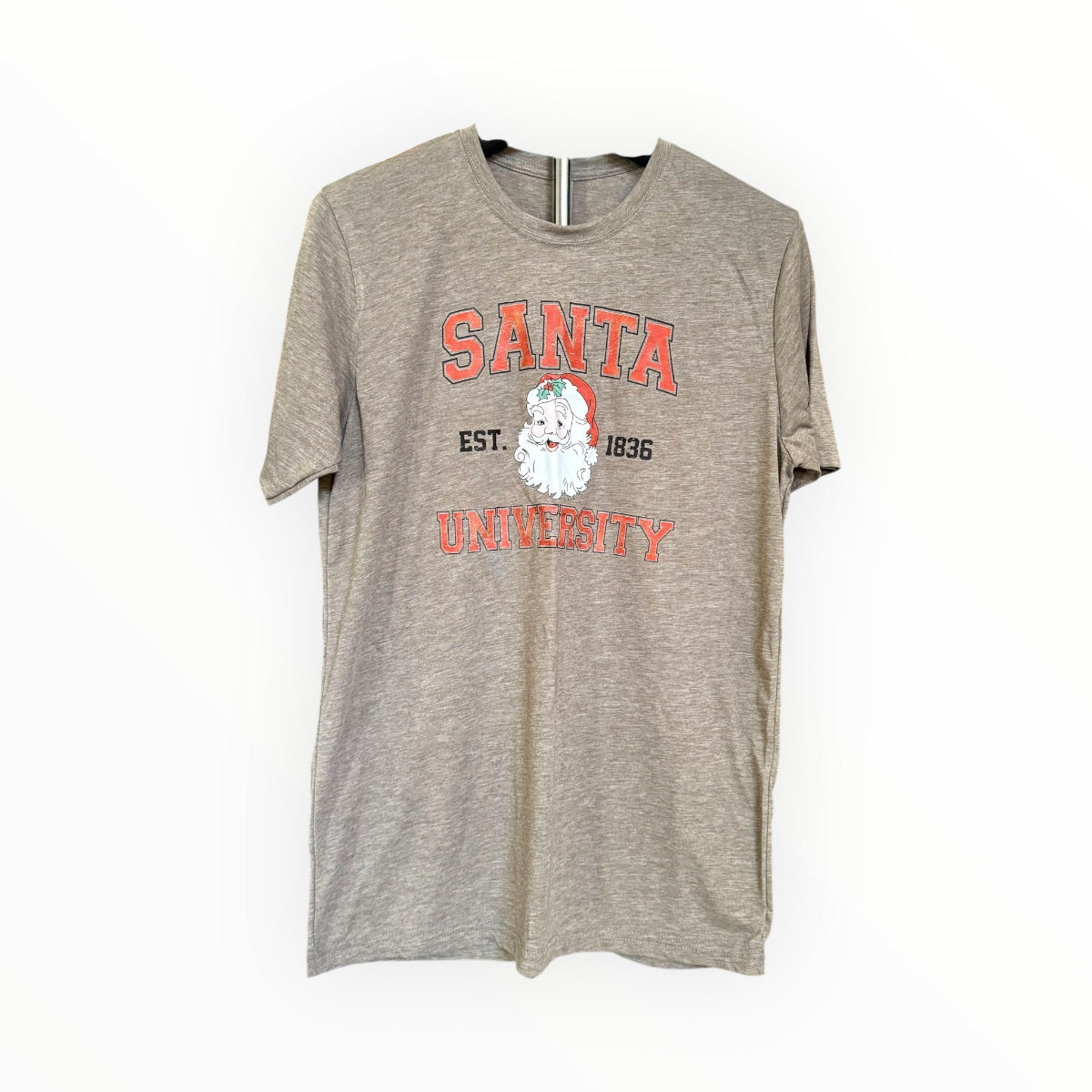 Gray t-shirt with 'Santa University' print on a white background