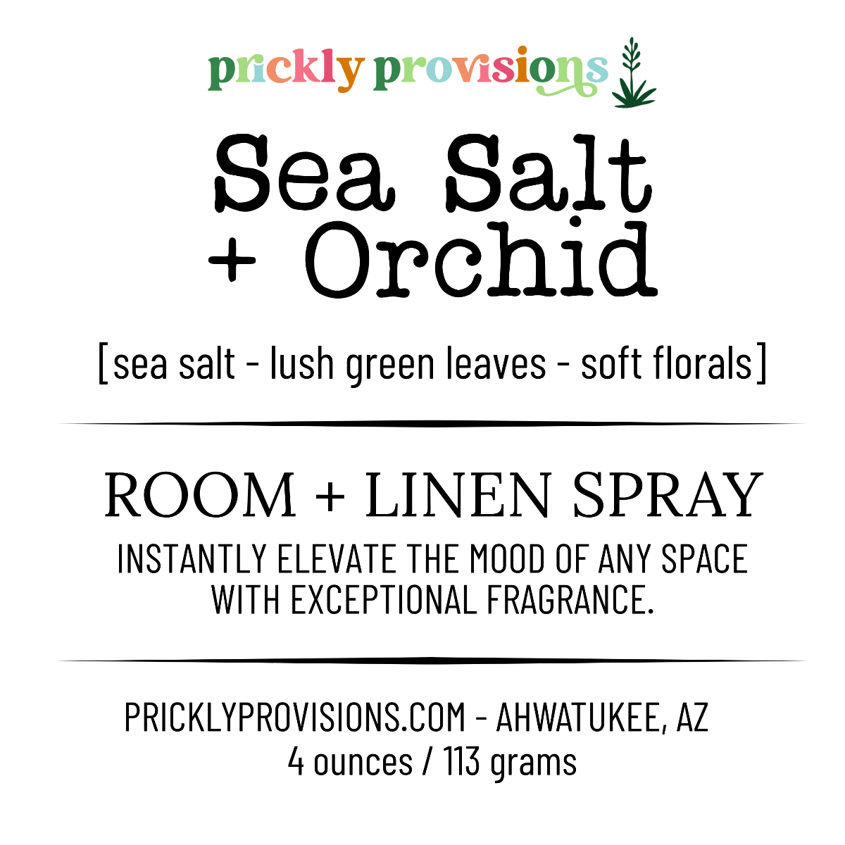 Label for Sea Salt + Orchid room and linen spray by Prickly Provisions.