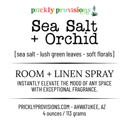 Label for Sea Salt + Orchid room and linen spray by Prickly Provisions.