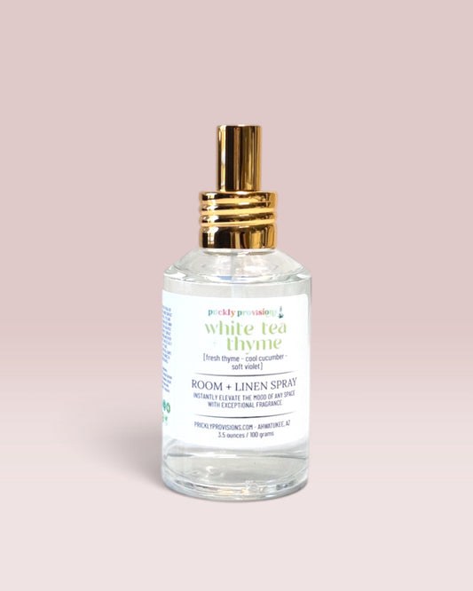 White Tea + Thyme Room + Linen Spray with Gold Cap