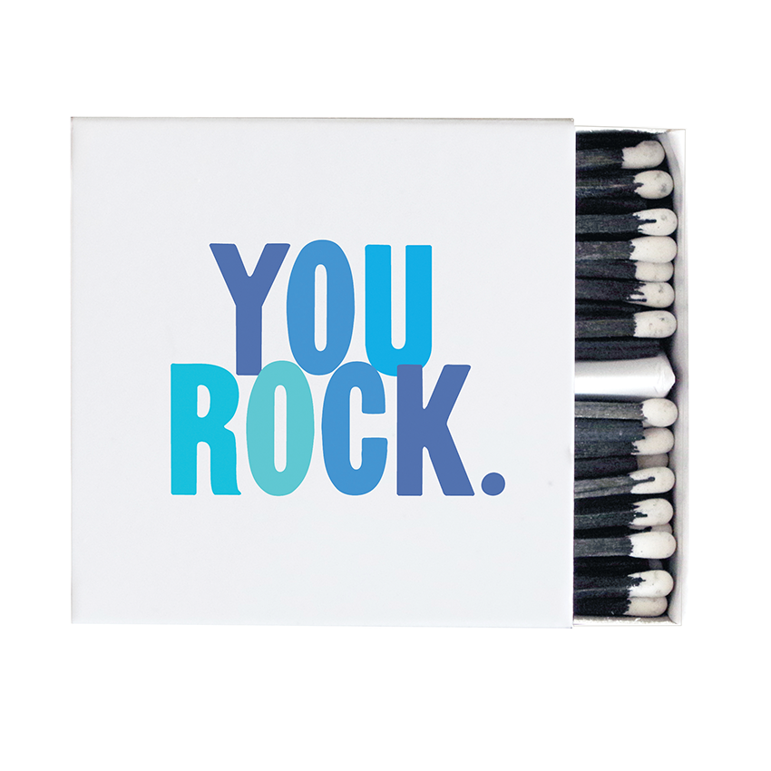 White You Rock decorative matchbox with bold blue lettering and coordinating matches
