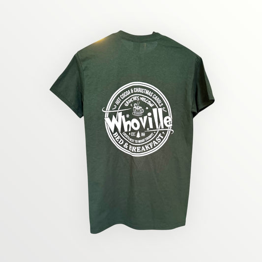 Green t-shirt with 'Whoville' logo on the back against a white background
