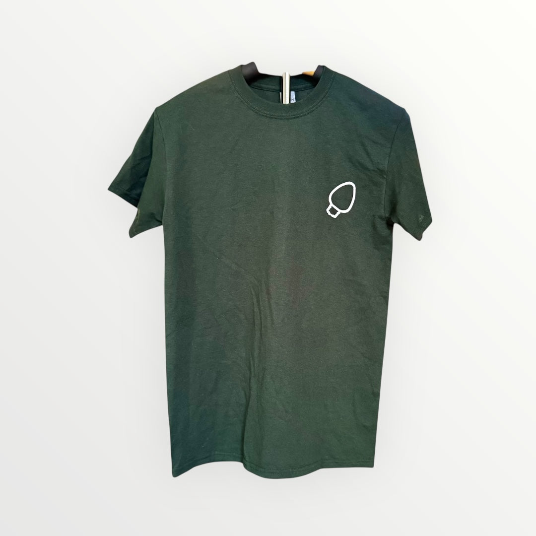 Green t-shirt with a white logo on a white background
