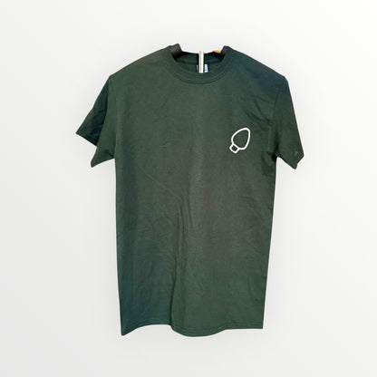 Green t-shirt with a white logo on a white background