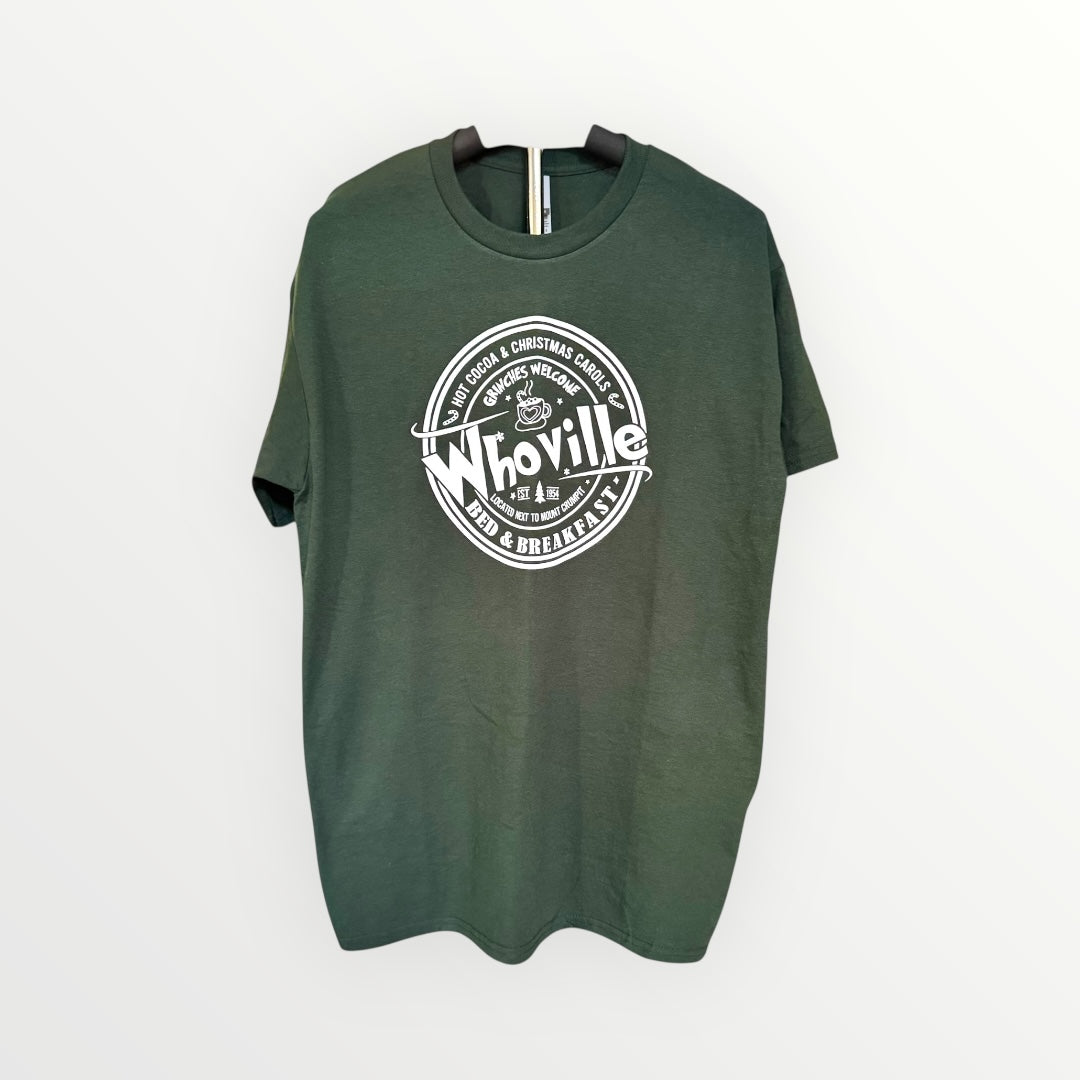 Green t-shirt with 'Whoville' logo on a white background