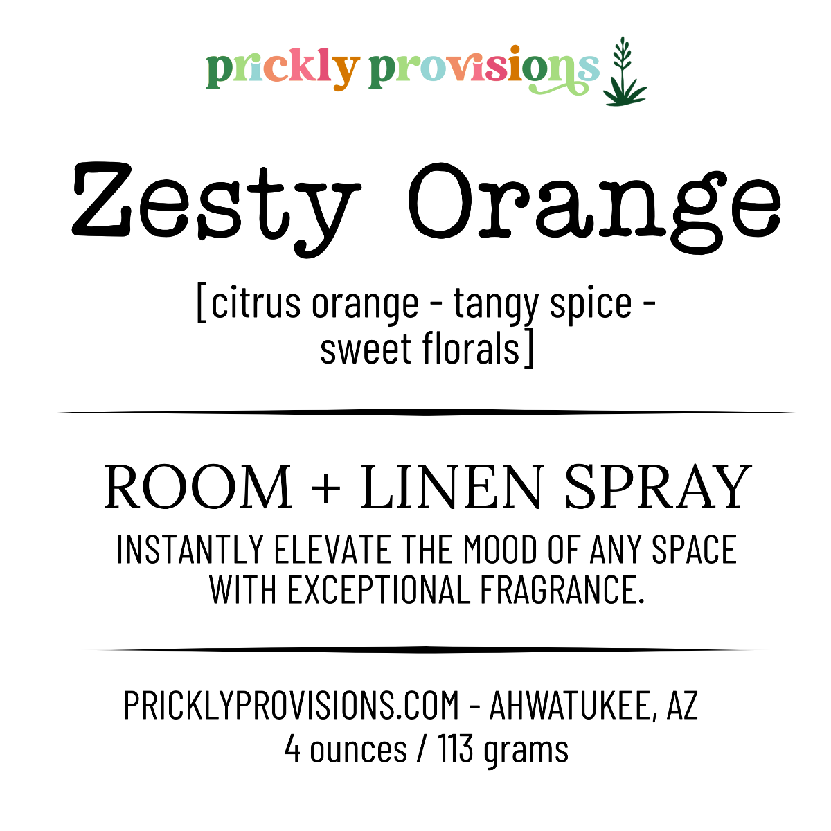 Label for Zesty Orange room and linen spray by Prickly Provisions with product details and branding.
