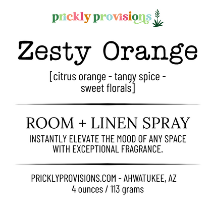 Label for Zesty Orange room and linen spray by Prickly Provisions with product details and branding.