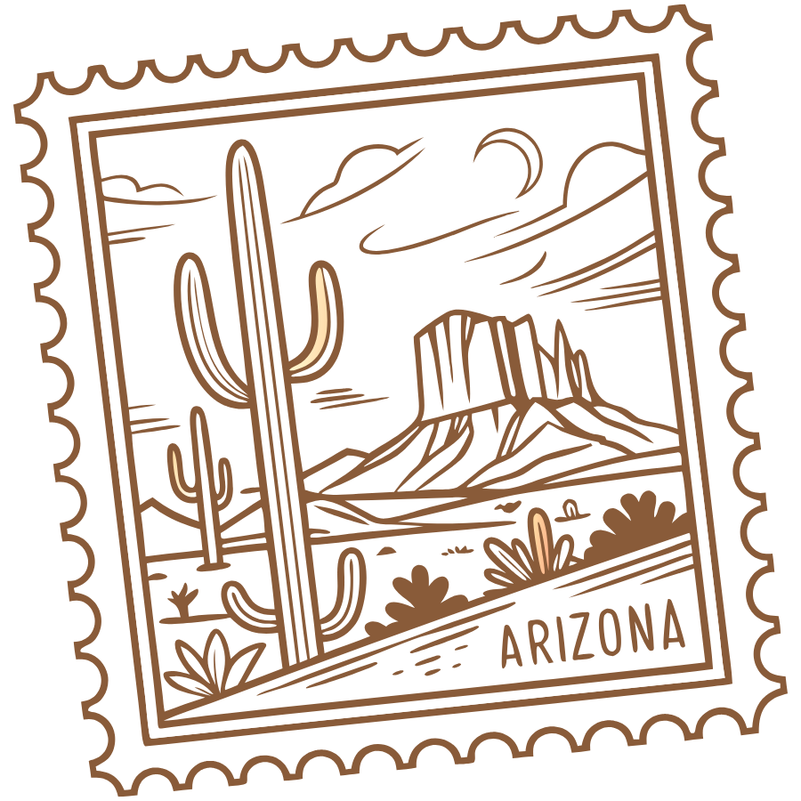 Illustration of a desert landscape with cacti and mountains, framed like a postage stamp with 'Arizona' text.