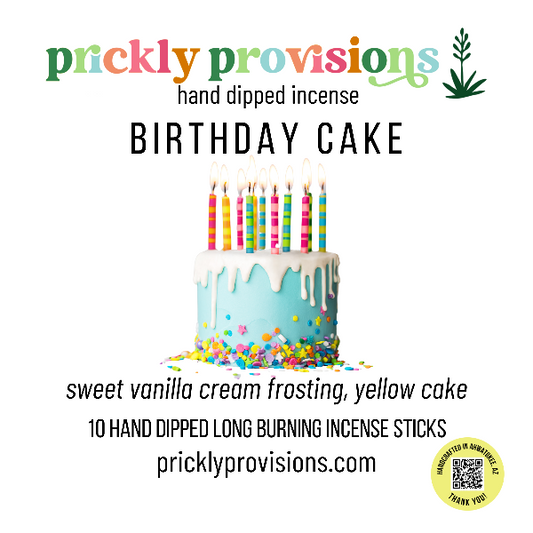 Advertisement for Prickly Provisions Birthday Cake incense with a cake illustration and product details.