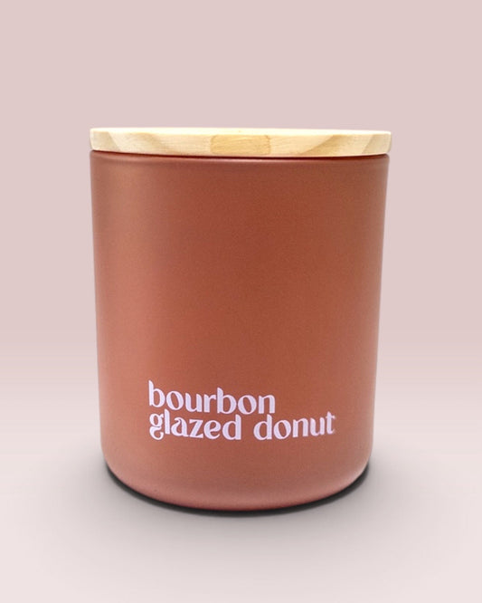 Bourbon Glazed Donut 9 oz double-wick candle in matte clay glass with wooden lid