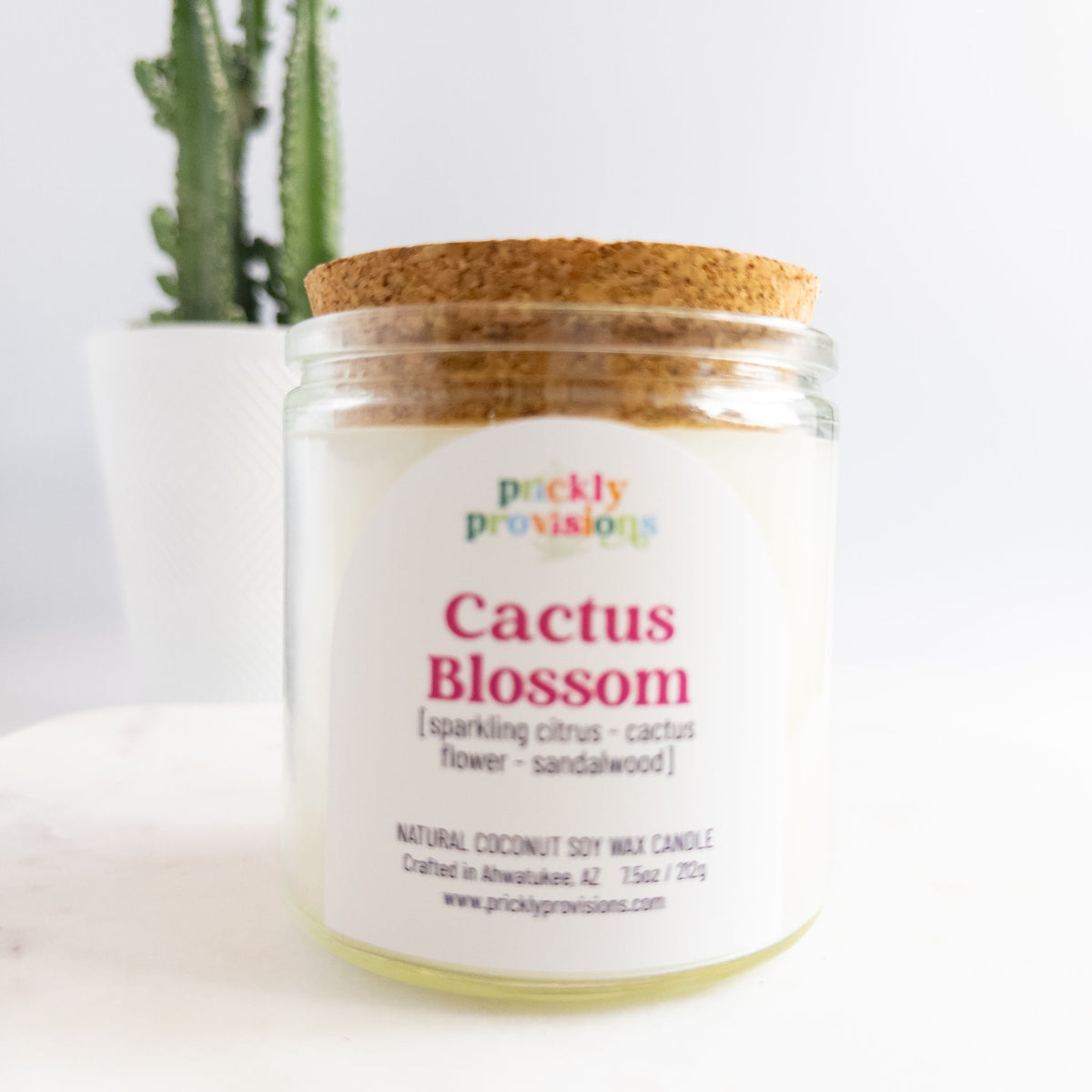 Candle jar labeled 'Cactus Blossom' by Prickly Provisions with a cactus plant in the background.