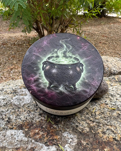 Closed matte black tin with the exclusive Cauldron 3-D printed lid design