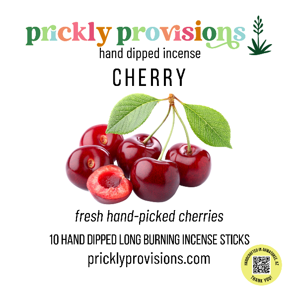 Promotional image for Prickly Provisions cherry incense with cherries and branding elements.