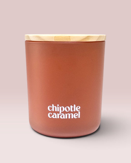 Chipotle Caramel 9 oz double-wick candle in matte clay glass