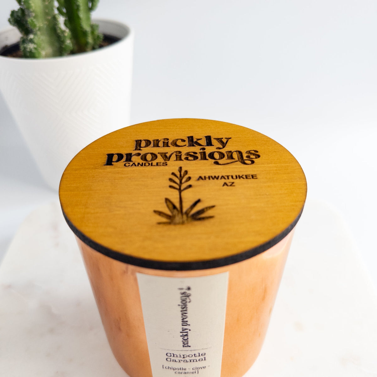 Picklely Provisions candle with wooden lid and cactus in the background