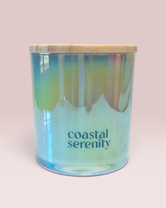 Coastal Serenity 12 oz wood-wick candle in iridescent cloud glass