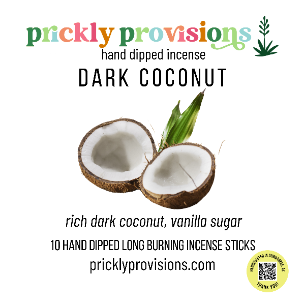 Promotional image for Prickly Provisions Dark Coconut incense with coconuts and branding details.