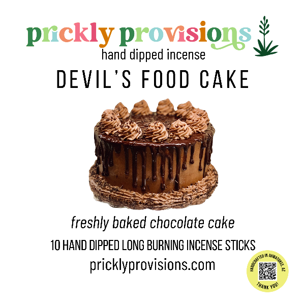Chocolate cake with text about 'Devil's Food Cake' from Prickly Provisions on a white background