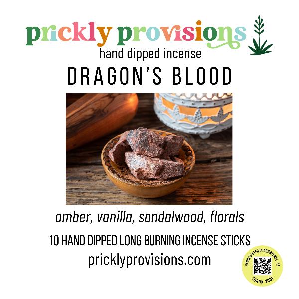 Promotional image of Prickly Provisions Dragon's Blood incense with product and branding details.