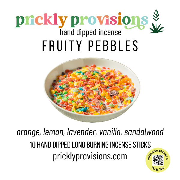 Image of Prickly Provisions Fruity Pebbles incense with a bowl of colorful candy.