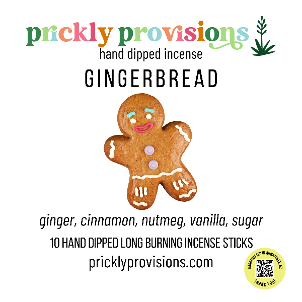 Gingerbread man incense stick packaging with 'prickly provisions' branding on a white background.
