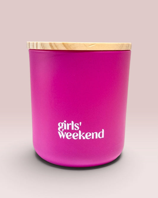 Girls' Weekend 12 oz wood-wick candle in matte dragon fruit glass with coordinating wood lid