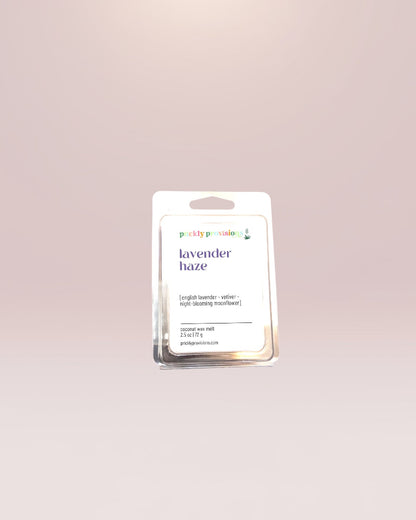 Lavender Haze scented wax melts with English lavender, jasmine, night-blooming moonflower, white musk, and sweet woods.