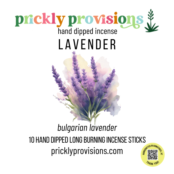 Promotional image for Prickly Provisions lavender incense with a bouquet of lavender flowers on a white background.