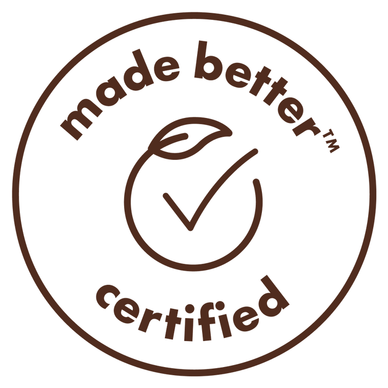 Logo for 'made better certified' with a checkmark and leaf symbol.
