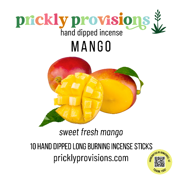Promotional image for Prickly Provisions Mango incense with mangoes and brand information.