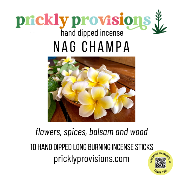Advertisement for Prickly Provisions Nag Champa incense with flowers and brand information.