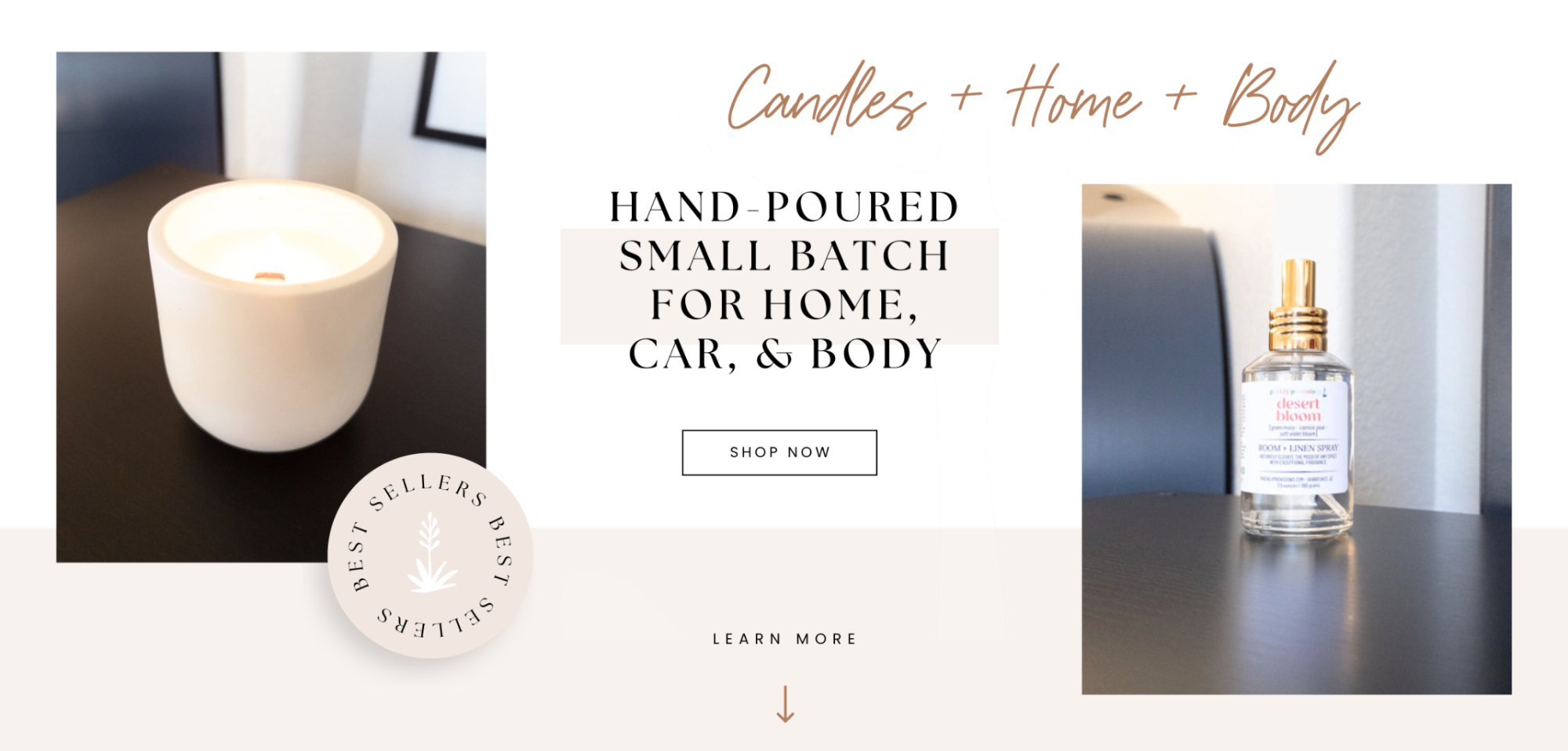 Prickly Provisions candle and Desert Bloom Room + Linen Spray homepage banner
