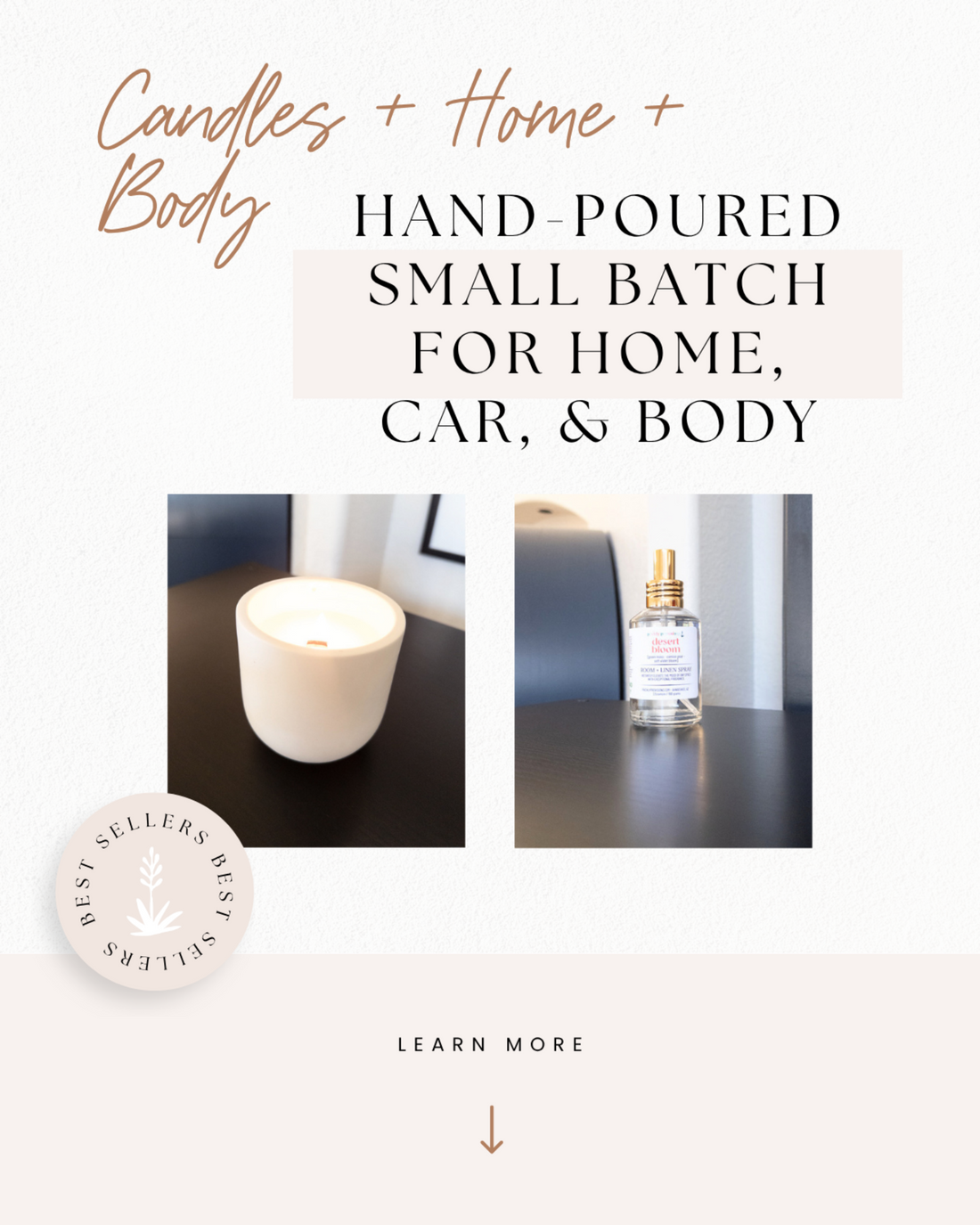 Prickly Provisions candle and Desert Bloom Room + Linen Spray homepage banner
