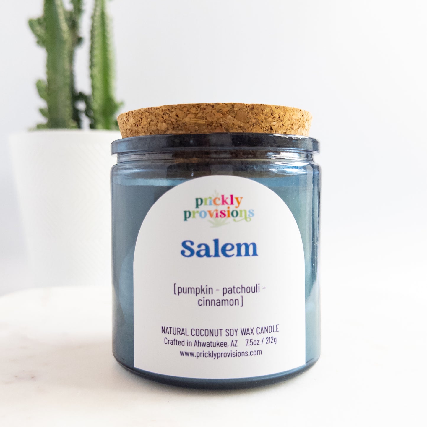 Candle jar with a cork lid labeled 'Salem' by Prickly Provisions on a white background.