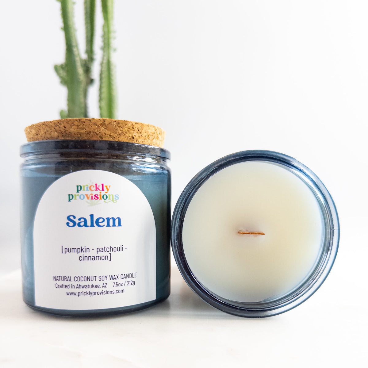 Salem candle from prickly provisions with a cactus in the background