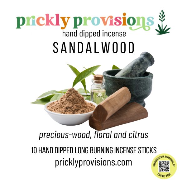 Promotional image for sandalwood incense from Prickly Provisions with ingredients and branding.