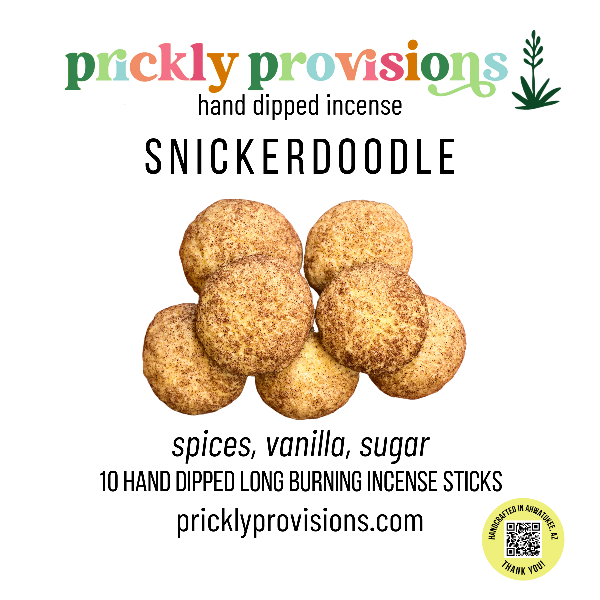 Snickerdoodle incense packaging with 'prickly provisions' branding and product details.