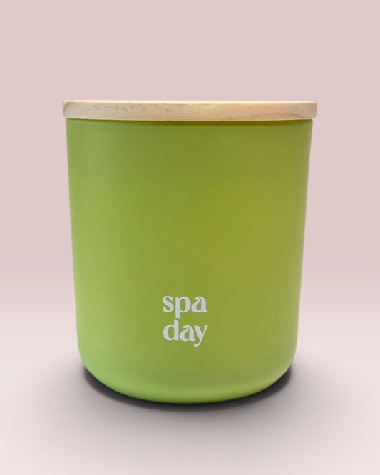 Spa Day 12 oz wood-wick candle in matte lime glass with coordinating wood lid