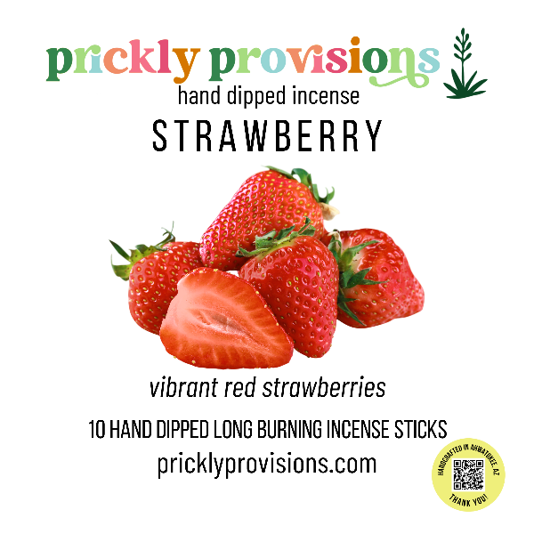 Promotional image for strawberry incense from Prickly Provisions with strawberries and branding elements.