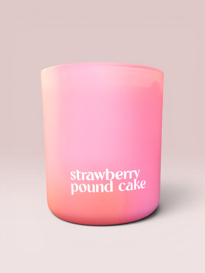 Strawberry Pound Cake 10 oz double-wick candle in a matte pink glass vessel.