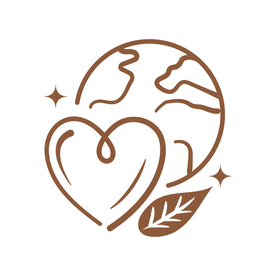 Brown icon of a heart with earth and a leaf on a white background