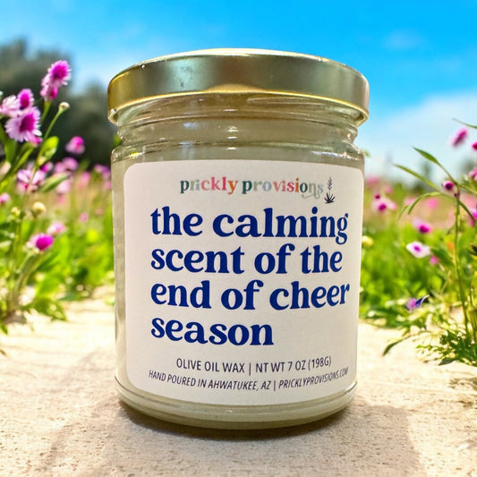 the calming scent of the end of cheer season olive oil wax candle