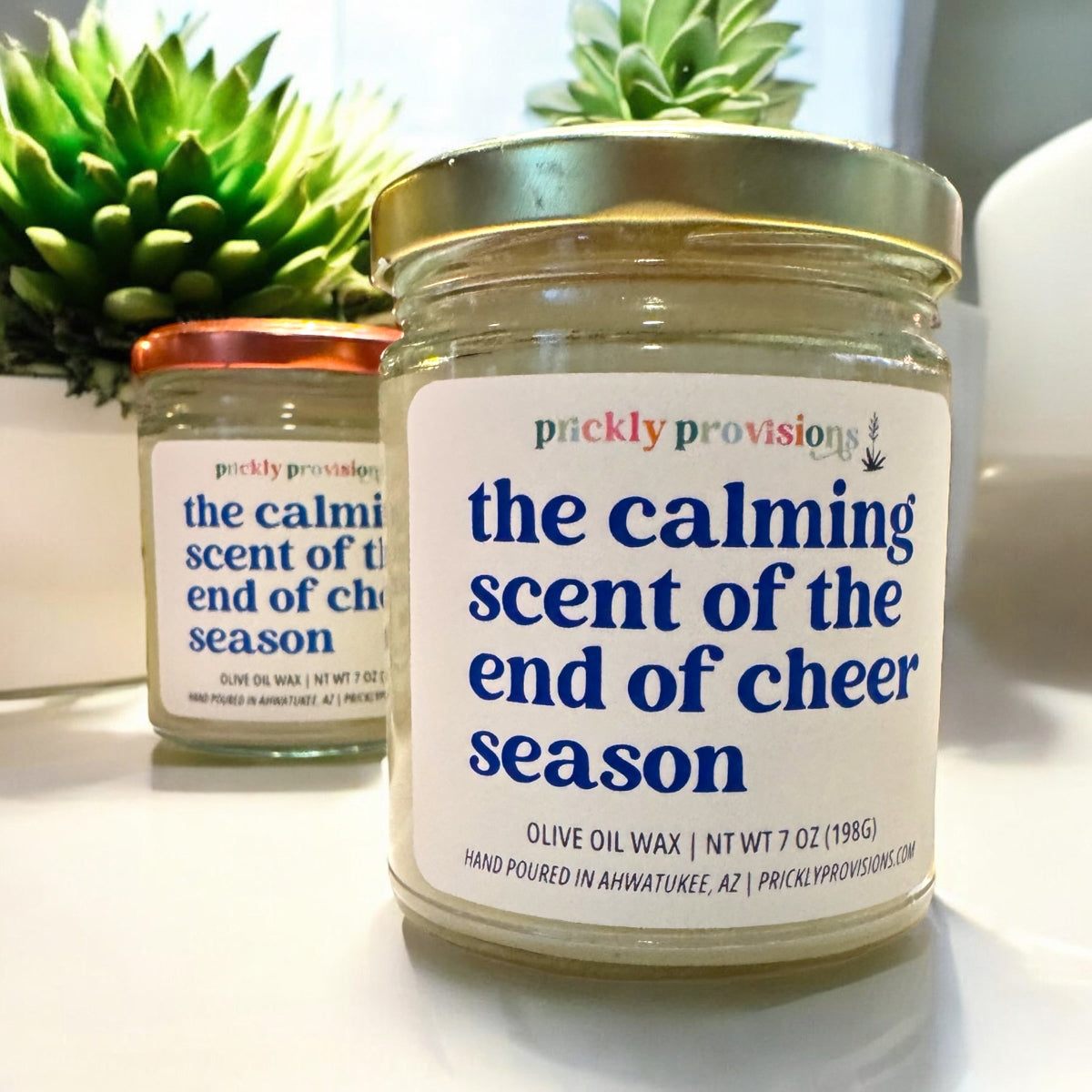 the calming scent of the end of cheer season olive oil wax candle