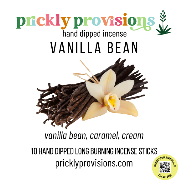Vanilla bean incense packaging with vanilla flower, brand name 'prickly provisions' and product description.