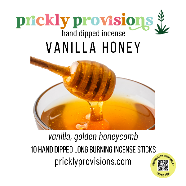 Vanilla honey incense packaging with a honeycomb and bowl on a white background