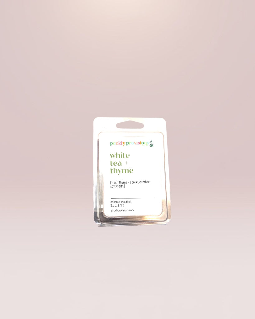 White Tea and Thyme scented wax melts with fresh thyme, cool cucumber, soft violet, and light musk.