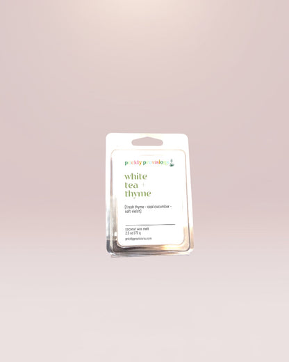 White Tea and Thyme scented wax melts with fresh thyme, cool cucumber, soft violet, and light musk.